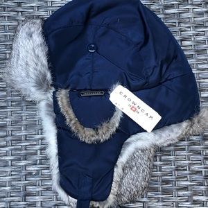 Crown Cap Genuine Rabbit Fur Trim Trooper Hat NWT in Black Size M